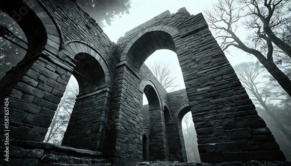 Fototapeta Ancient European stone architecture featuring an old arch bridge, Roman aqueduct, and historic church under a vast sky