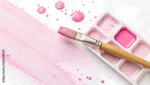 Fototapeta Watercolor Palette and Brush Create a Pastel Pink Masterpiece on White Canvas The Joy of Artistic Expression