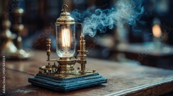 Fototapeta A vintage brass steam engine lamp emits a warm glow on a wooden table, surrounded by a smoky atmosphere, evoking a steampunk aesthetic.
