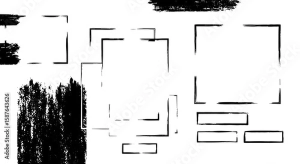 Fototapeta Square frame hand drawn brush grunge vector set. Hand drawn doodle frame element brush stroke ink style. Simple abstract square border, black paint art. Vector illustration