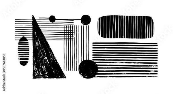 Fototapeta Brush stroke grunge abstract geometric element set. Hand drawn triangle, circle, lines ink brush doodle pattern. Vector illustration