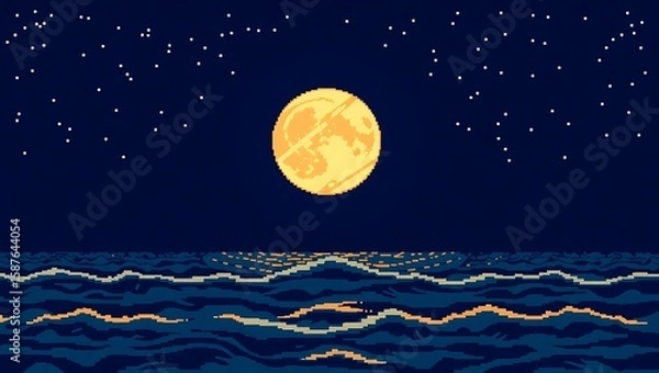 Fototapeta 8-bit pixel art of a glowing full moon rising over calm ocean waves, retro color palette, starry night sky