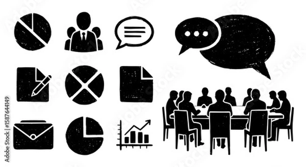 Fototapeta Business meeting doodle icon set. Hand drawn team discussing charts, growth. Teamwork, conference, analysis, data, talk vector illustration