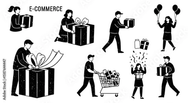 Fototapeta E-commerce sketch people gift icon set. Hand drawn doodle box, delivery, shopping elements in brush sketch style. Happy celebration icon. Vector illustration