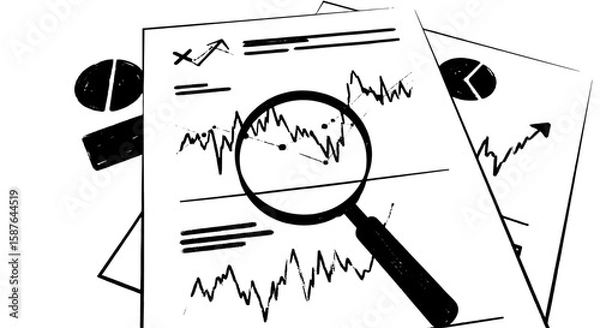 Fototapeta Business hand drawn report analysis set. Sketch chart finance stats, magnifying glass, diagram draw scribble line art. Doodle paperwork.
