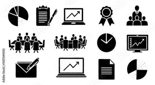 Fototapeta Business icon sketch meeting data chart set. Hand drawn office meeting, report graphic, growth chart icon for plan, job in grunge crayon doodle style. Vector illustration