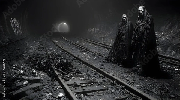 Obraz Old Railway Tracks in Foggy Night – Mysterious Steel Path into the Distance