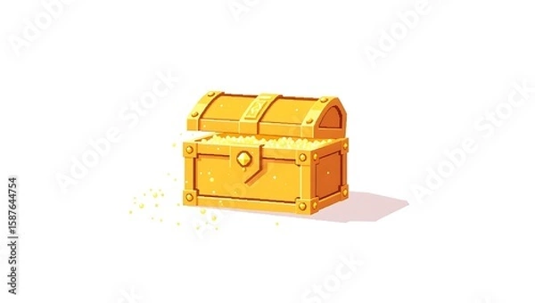 Fototapeta 8-bit pixel art of a golden treasure box sparkling under soft pixelated light, isolated on a clean white background, aesthetic retro game style
