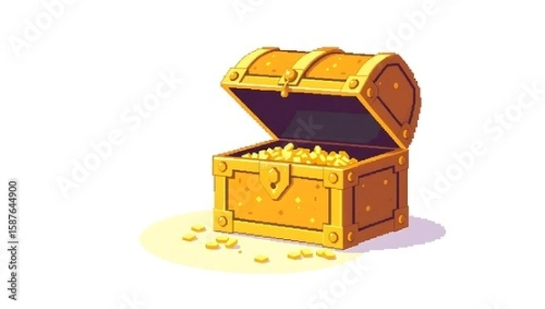 Fototapeta 8-bit pixel art of a golden treasure box sparkling under soft pixelated light, isolated on a clean white background, aesthetic retro game style