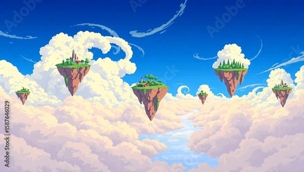 Fototapeta 8-bit pixel art floating sky islands surrounded by swirling clouds, clear blue sky backdrop, serene magical setting