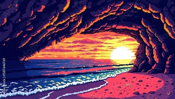 Fototapeta 8-bit pixel art of a beachside cave looking out at a vivid sunset, glowing horizon framed by pixelated stone, tide gently lapping