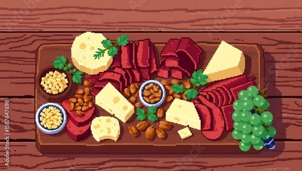 Fototapeta 8-bit pixel art of a charcuterie board with meats, cheeses, nuts and pixel grapes on a wooden table, rustic aesthetic