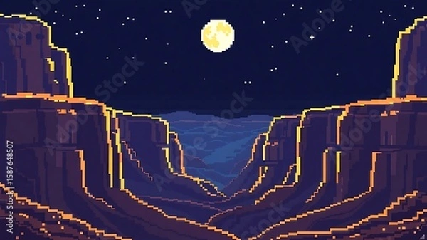 Fototapeta 8-bit pixel art of a distant glowing moon over a pixel canyon at night, glowing outlines and shadow details, desert night palette