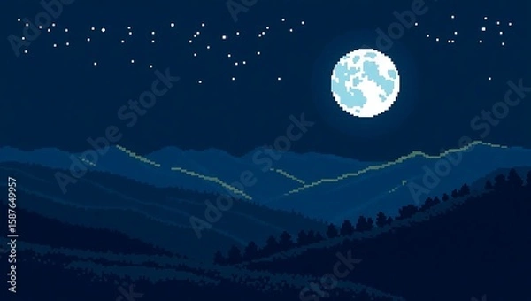 Fototapeta 8-bit pixel art of a full moon illuminating a quiet valley, gentle curves of the landscape bathed in silver pixel light, nostalgic nighttime beauty
