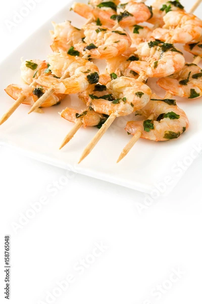 Fototapeta Shrimp skewers isolated on white background
