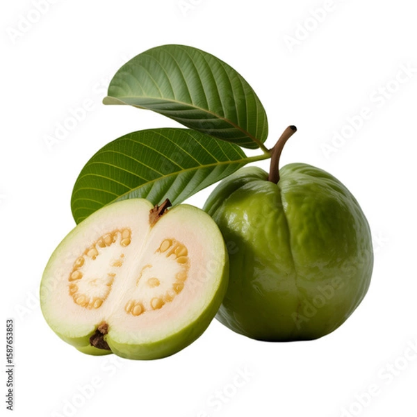 Fototapeta Fresh Green Guava with Leaves – Whole and Halved on  transparent background 