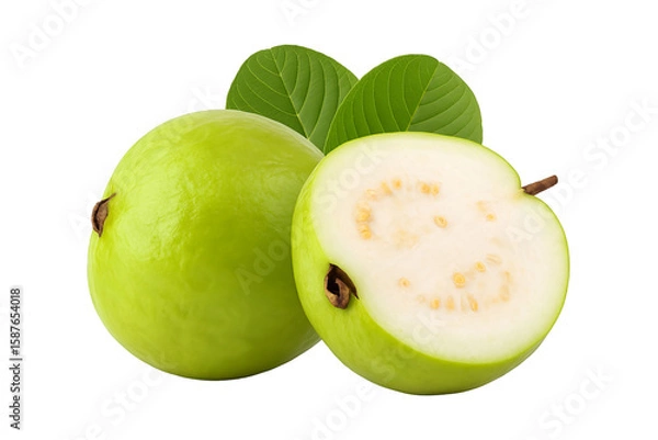 Fototapeta Fresh Green Guava with Leaves – Whole and Halved on  transparent background 