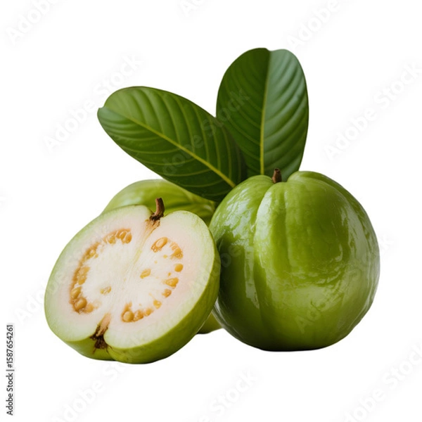 Fototapeta Fresh Green Guava with Leaves – Whole and Halved on  transparent background 