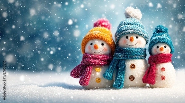 Fototapeta Three cheerful snowmen with colorful scarves and hats stand together in a snowy winter scene, surrounded by falling snowflakes.