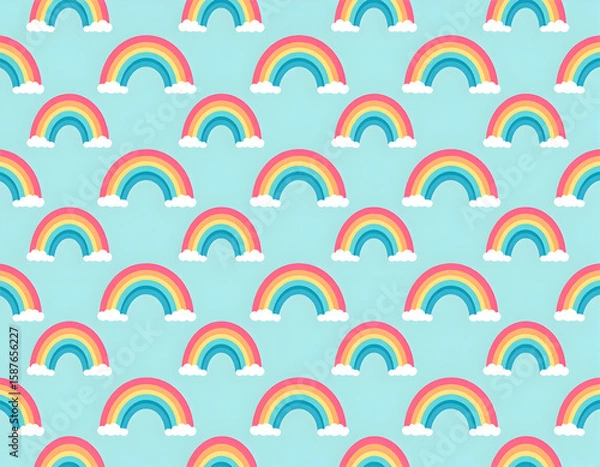 Fototapeta Seamless rainbow pattern with fluffy clouds on a light blue background. Great for kids’ products, nursery prints, cheerful designs, and fun digital decorations.