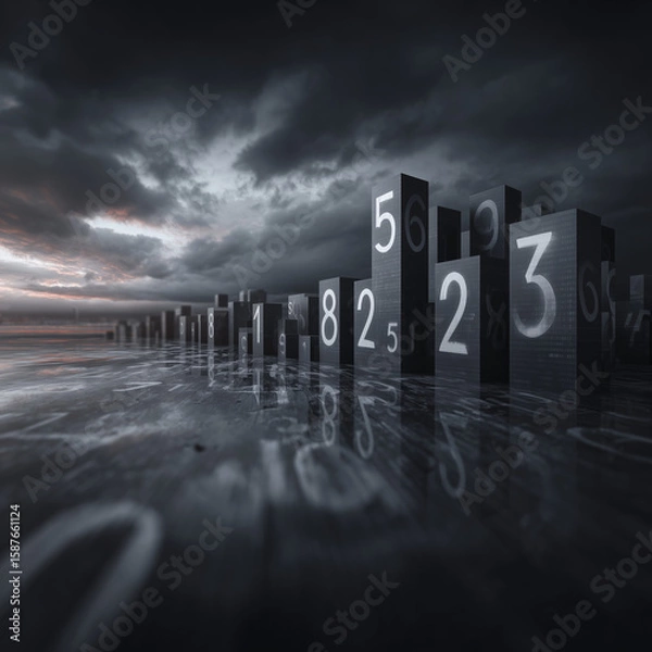Fototapeta Dark surreal landscape with giant numbers rising from reflective ground