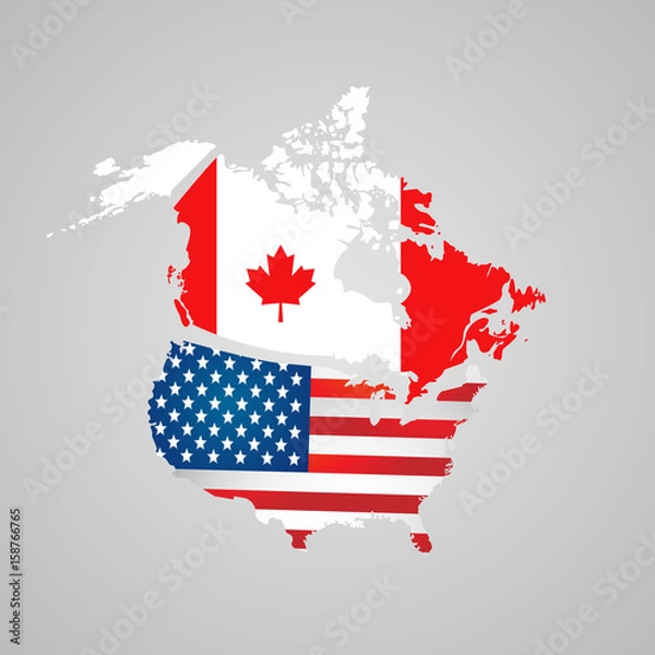 Obraz Kraj Ameryki Północnej ustawiony za pomocą wskaźników na mapie. Kanada, mapa USA, flagi