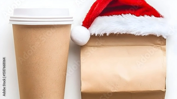 Obraz Blank paper coffee cup mockup with Santa hat