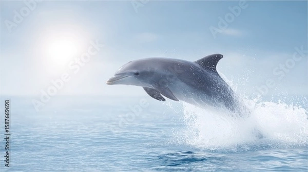 Fototapeta A dolphin leaps out of the ocean water under a bright sky, creating a splash as sunlight glows in the background.
