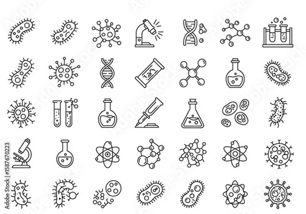 Obraz Collection of science and medical icons including bacteria virus dna and laboratory equipment in outline style
