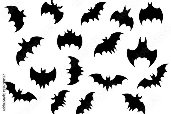 Obraz A collection of black bat silhouettes scattered across a white background in various orientations