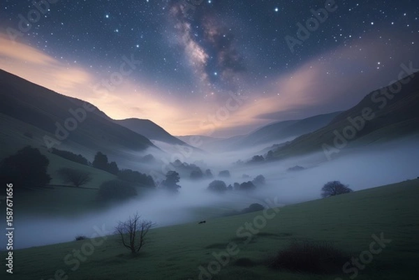 Fototapeta The milky way shines above a misty valley nestled between rolling mountains at night