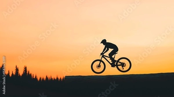 Fototapeta Mountain biker silhouetted against a vibrant sunset jumping over a log