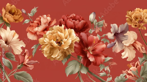 Fototapeta Elegant Vintage Floral Pattern with Colorful Peonies and Hibiscus on Red Background