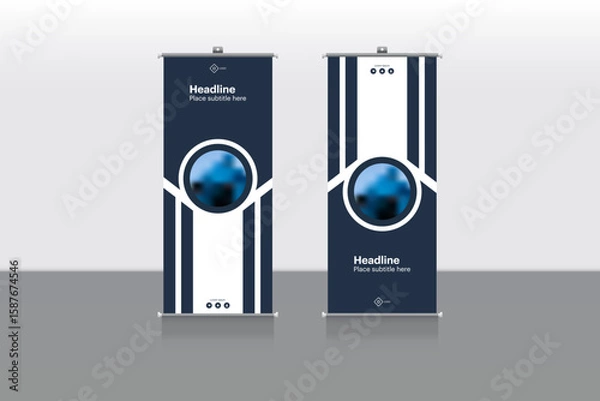 Fototapeta Vertical business roll-up banner template suitable for brochures, businesses, flyers, and infographics. Features modern x-banner and flag-banner advertising styles—available in vector EPS 10 format.