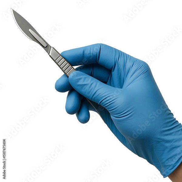 Fototapeta Surgeon hand in blue glove holding scalpel isolated on transparent background