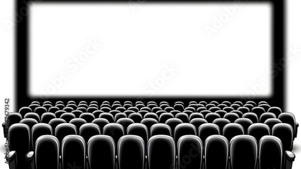 Obraz Blue cinema hall with white blank screen and empty seats. Concept of movie theater, entertainment, and leisure