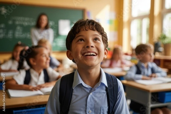 Fototapeta Smiling boy with backpack in classroom looking upward with teacher and students at desks in background