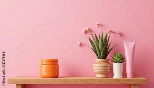 Fototapeta Minimal Skincare Product Display with Succulent on Pink Background, Skincare products with succulent plant