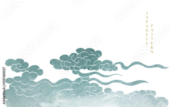 Fototapeta Blue brush stroke texture with colud pattern in vintage style. Abstract art landscape banner design with watercolor texture vector. Marine concept.