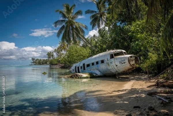 Fototapeta Wrecked airplane sits on a tropical beach with palm trees and blue water under a cloudy blue sky view