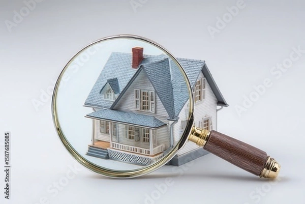Fototapeta Magnifying glass focusing on a neighborhood with houses and trees for real estate property search
