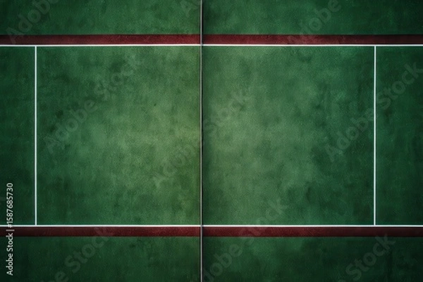 Fototapeta Aerial view showcases a green court with white lines and a red border design for sports activities