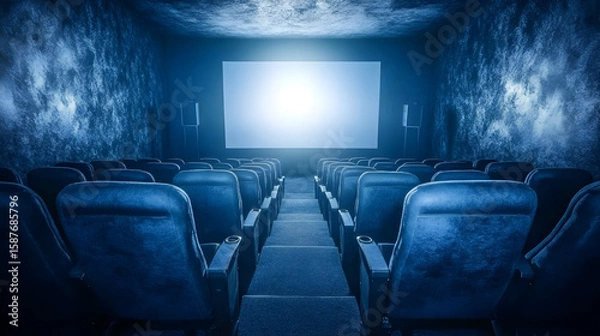 Obraz Blue cinema hall with white blank screen and empty seats. Concept of movie theater, entertainment, and leisure