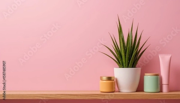 Fototapeta Minimal Skincare Product Display with Succulent on Pink Background, Skincare products with succulent plant