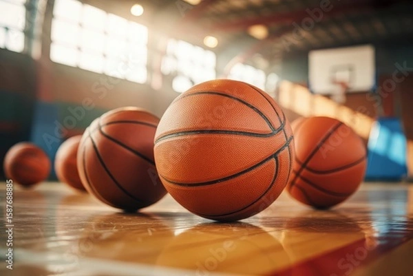 Fototapeta Several basketballs are positioned on a shiny wooden court ready for a game or training session
