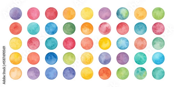 Fototapeta watercolor collection of round circle shapes and colorful dot stains in rainbow hues ideal for abstract patterns, spot backgrounds, and artistic visuals