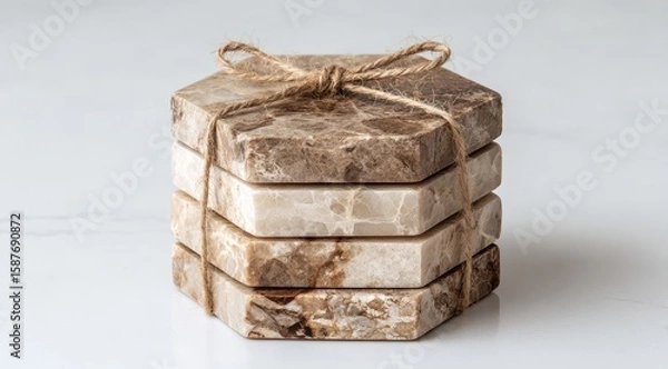 Fototapeta Stacked hexagonal marble coasters tied with twine (1)