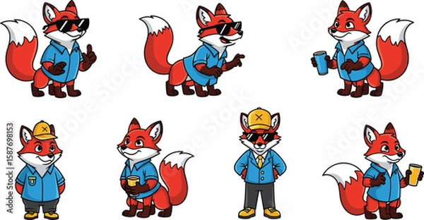 Fototapeta Fox cartoon character set in shirt poses with drinks and accessories vector illustration