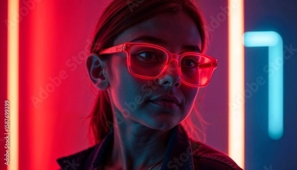Obraz Stylish Woman in Neon Red Glasses with Futuristic Lighting and Colorful Cyberpunk Background