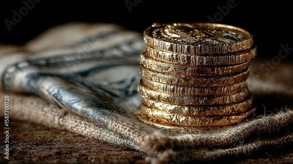 Fototapeta Stack of gold coins on a rustic surface.